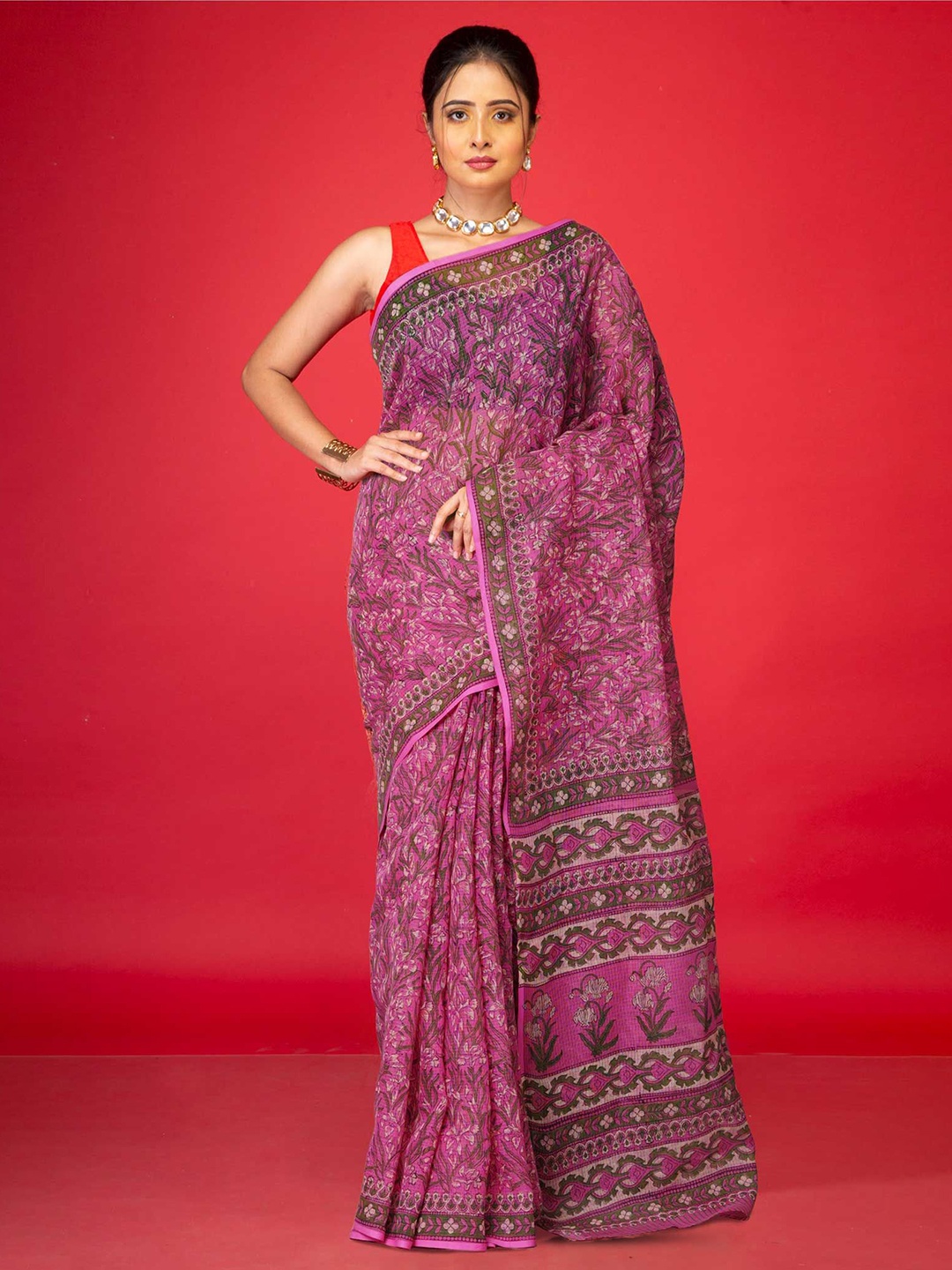 

Unnati Silks Ethnic Motifs Net Handloom Kota Saree, Pink