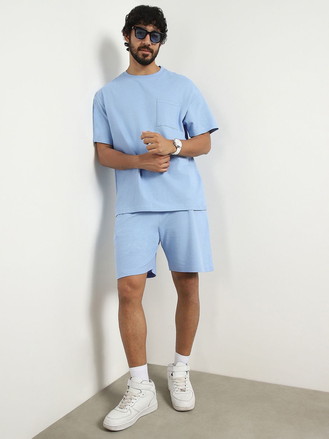 

NOBERO Oversized Textured T-shirt and shorts Co-ord Set, Blue