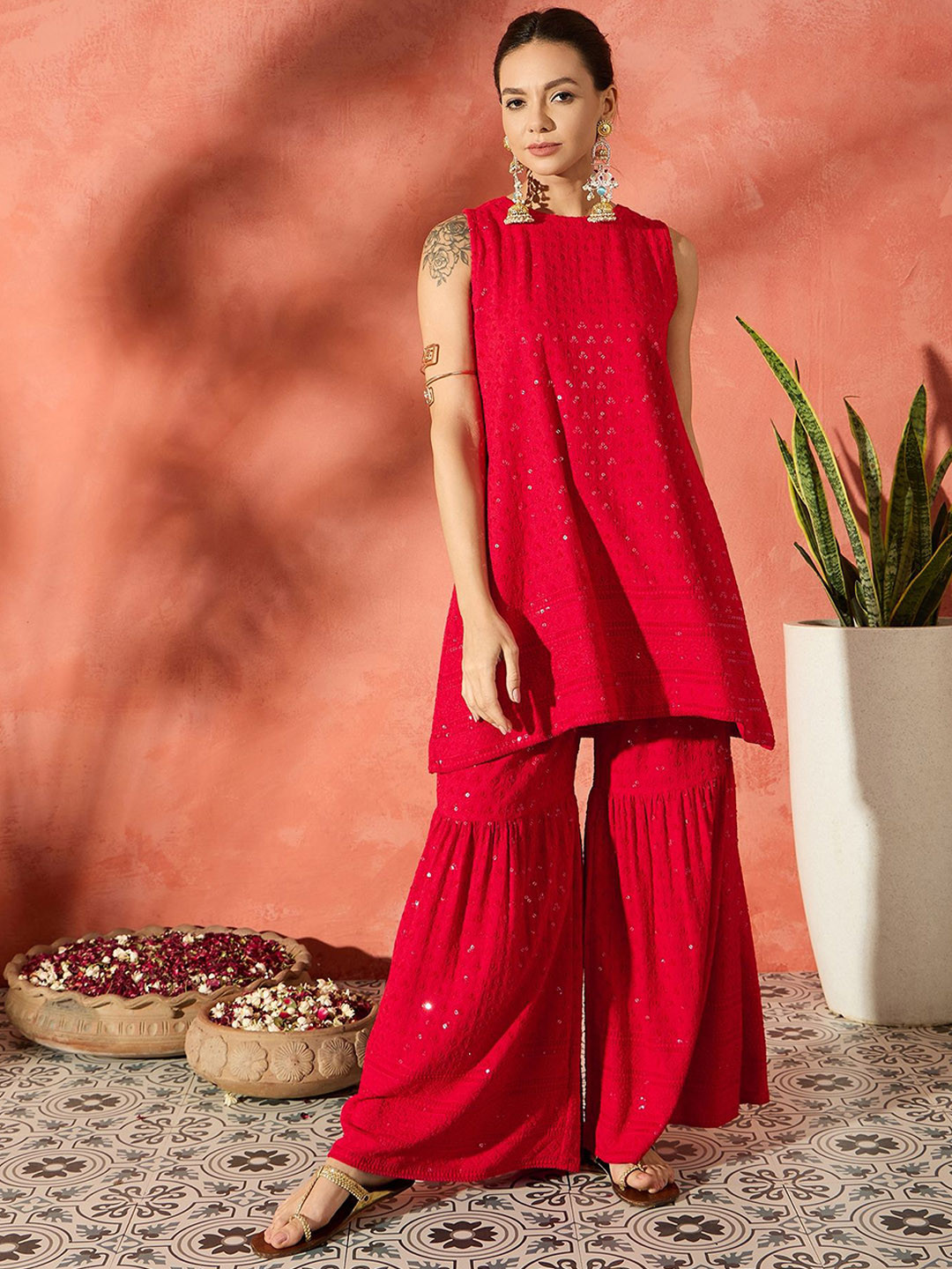 

InWeave Women Ethnic Motifs Embroidered Kurti With Sharara, Red