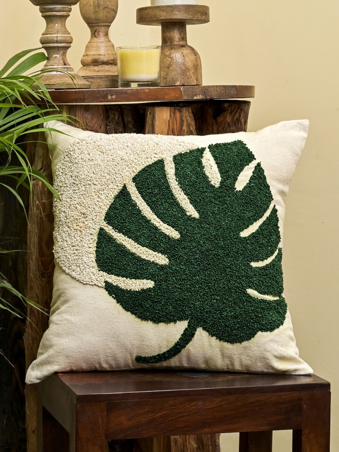 

ANWYN Beige & Green Embroidered Cotton Square Cushion Covers