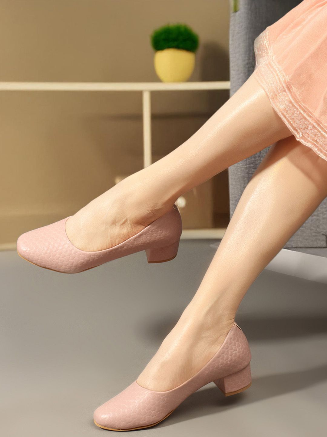 

ICONICS Synthetic Block Heel Pumps, Peach