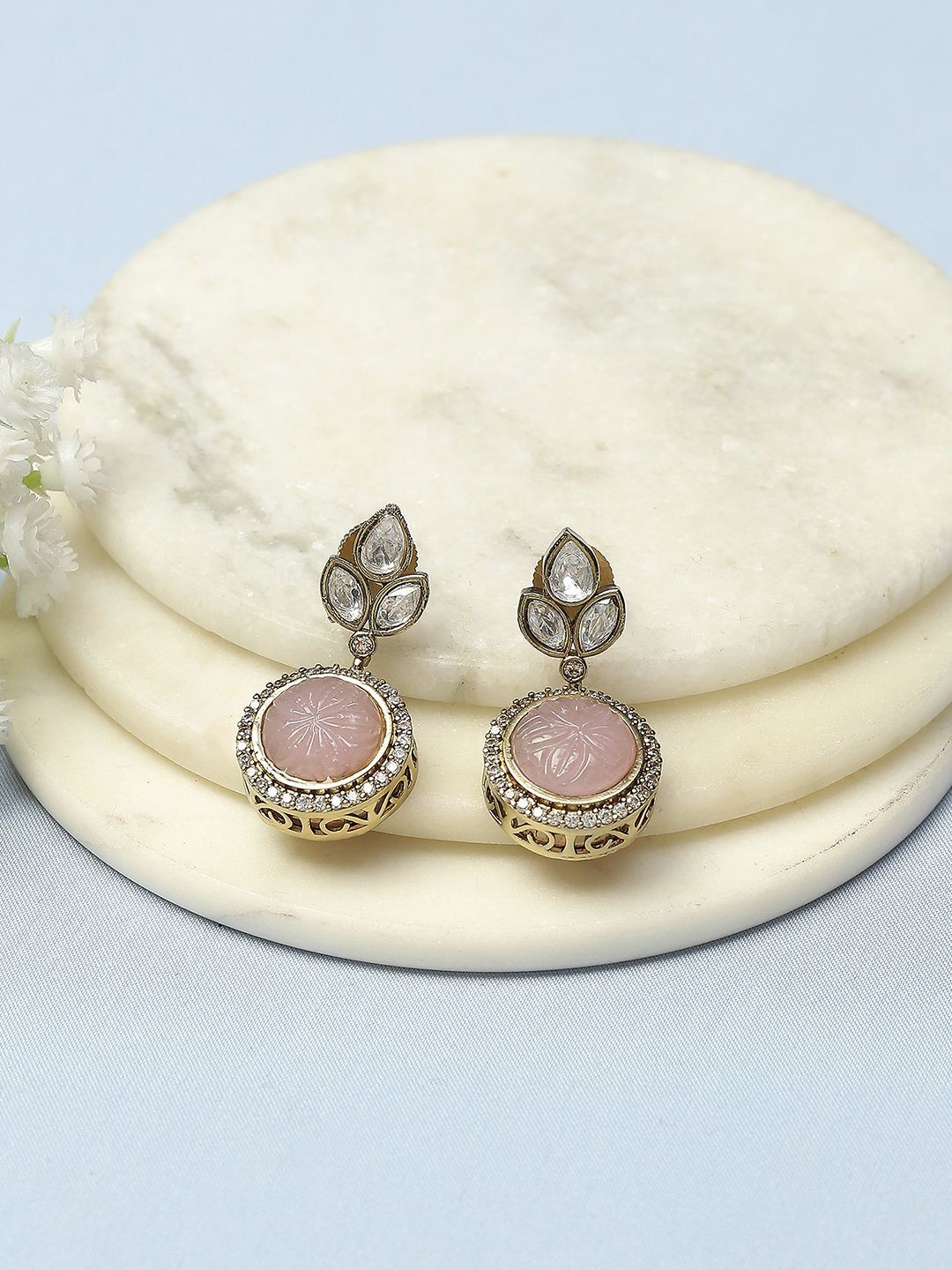 

Biba Gold-Plated Stone Studded & Beaded Contemporary Drop Earrings, Pink