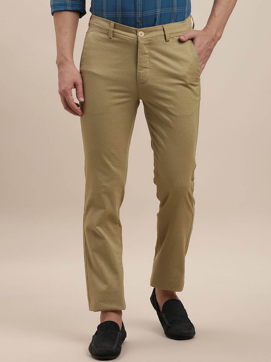 

Turtle Men Printed Relaxed Skinny Fit Chinos Solid Trousers, Khaki