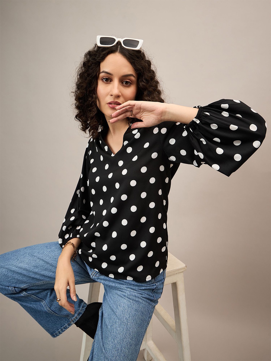 

The Roadster Lifestyle Co. Polka Dot Printed Puff Sleeves Mandarin Collar Top, Black