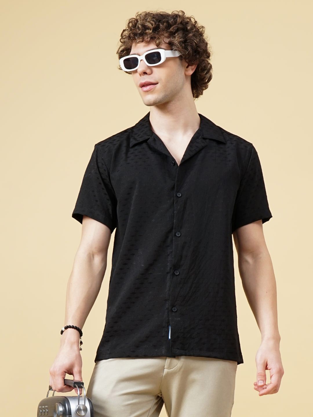 

PAUL STREET Men Club Cuban Collar Textured Slim Fit Casual Shirt, Black