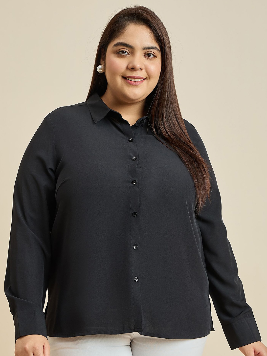 

Sztori Women Plus Size Classic Spread Collar Solid Casual Shirt, Black