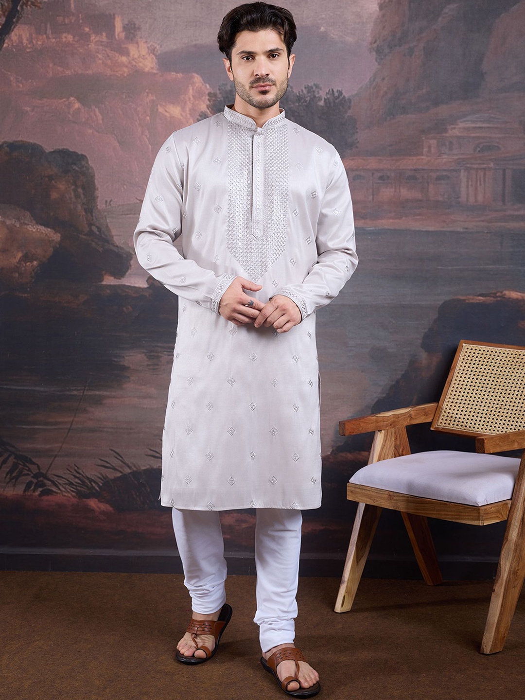 

House of Pataudi Floral Woven Design Thread Work Straight Kurta With Churidar, Grey