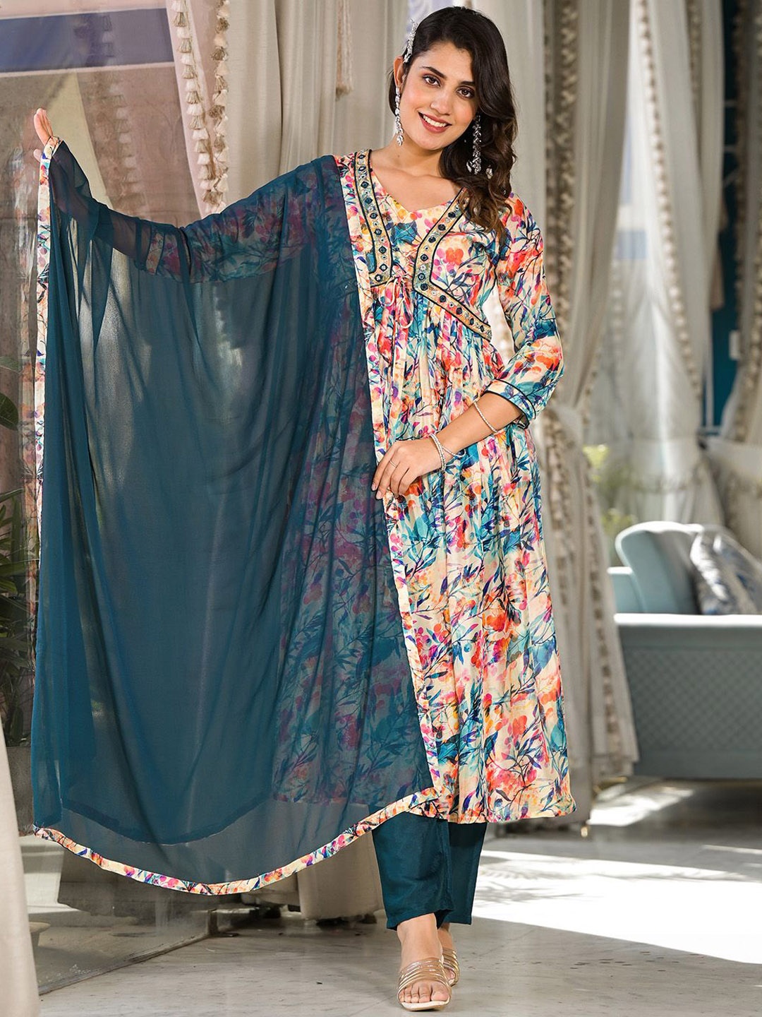 

Ishin Floral Printed Thread Work Kurta with Trousers & Dupatta, White