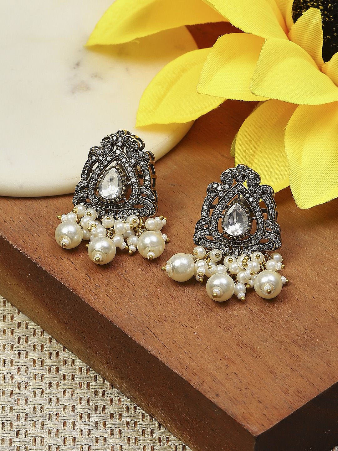 

Biba Silver-Plated Stone Studded & Beaded Contemporary Oxidised Studs, White