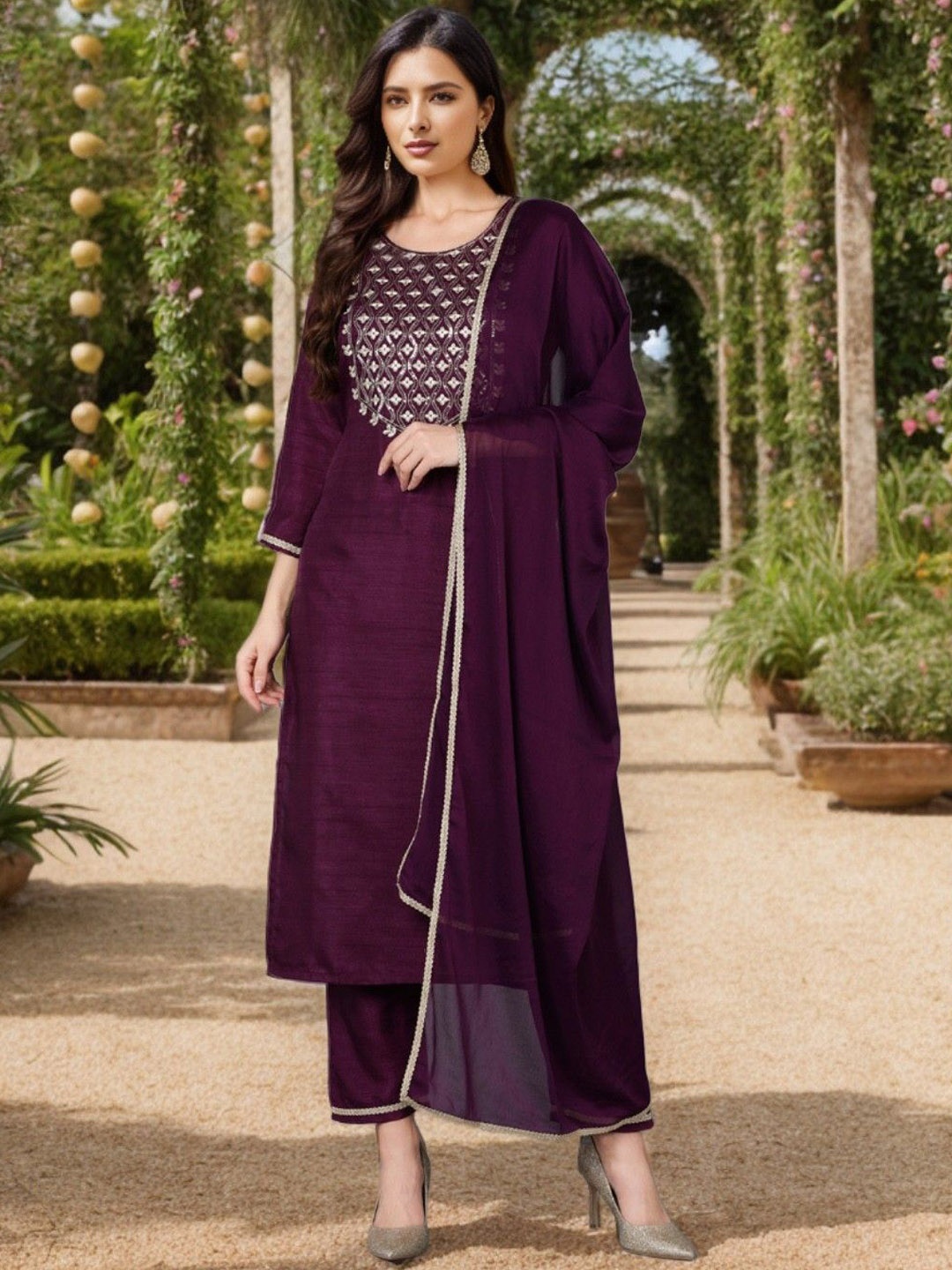 

KALINI Ethnic Motifs Embroidered Regular Sequinned Straight Kurta with Trousers & Dupatta, Purple