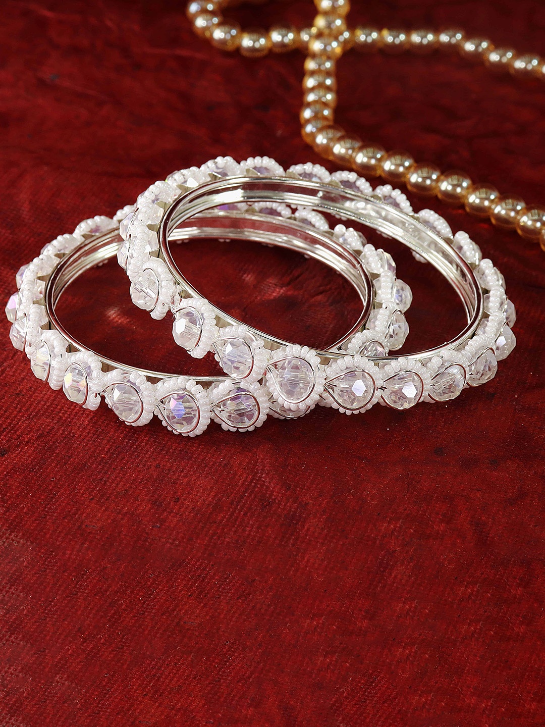 

ZULKA Set Of 2 Silver-Plated CZ & AD Stone Studded Pearls Beaded Bangles