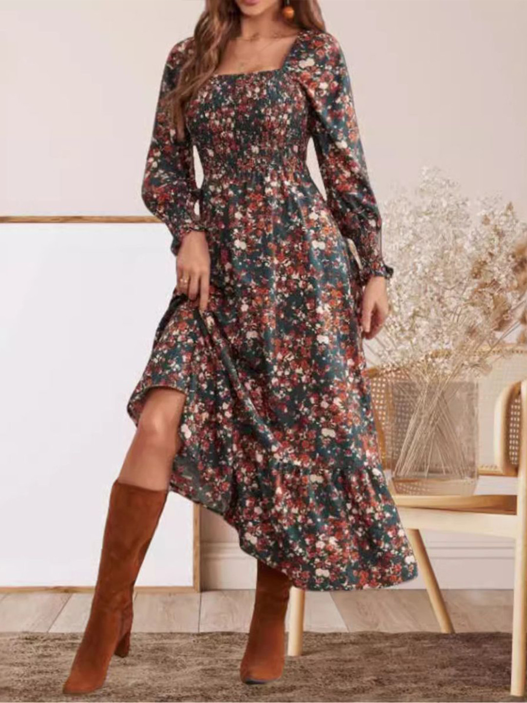 

StyleCast x Revolte Printed Puff Sleeve Fit and Flare Midi Dress, Green