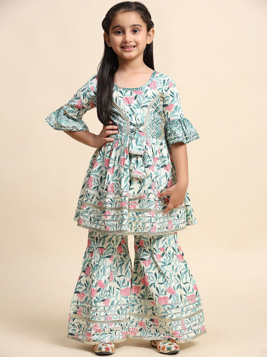 

SHIJILA Floral Printed Round Neck Gotta Patti Anarkali Kurta With Sharara, White