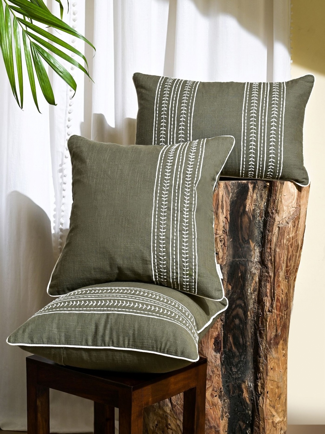 

ANWYN Olive Green & White 3 Pieces Embroidered Cotton Cushion Covers