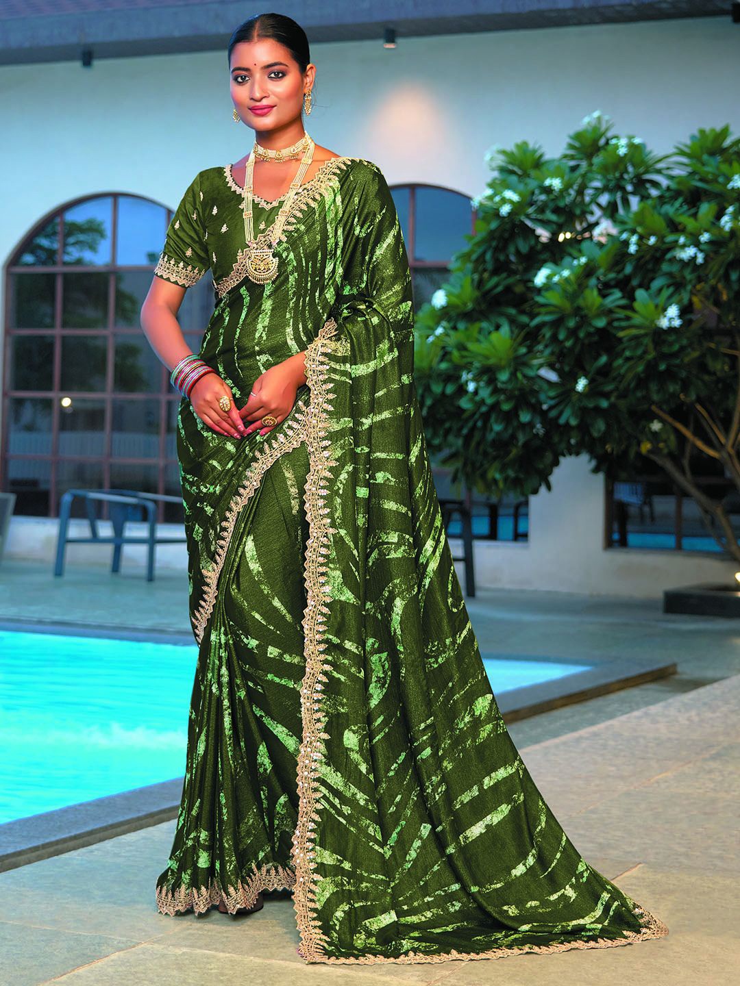 

Panzora Abstract Printed Embroidered Saree, Green