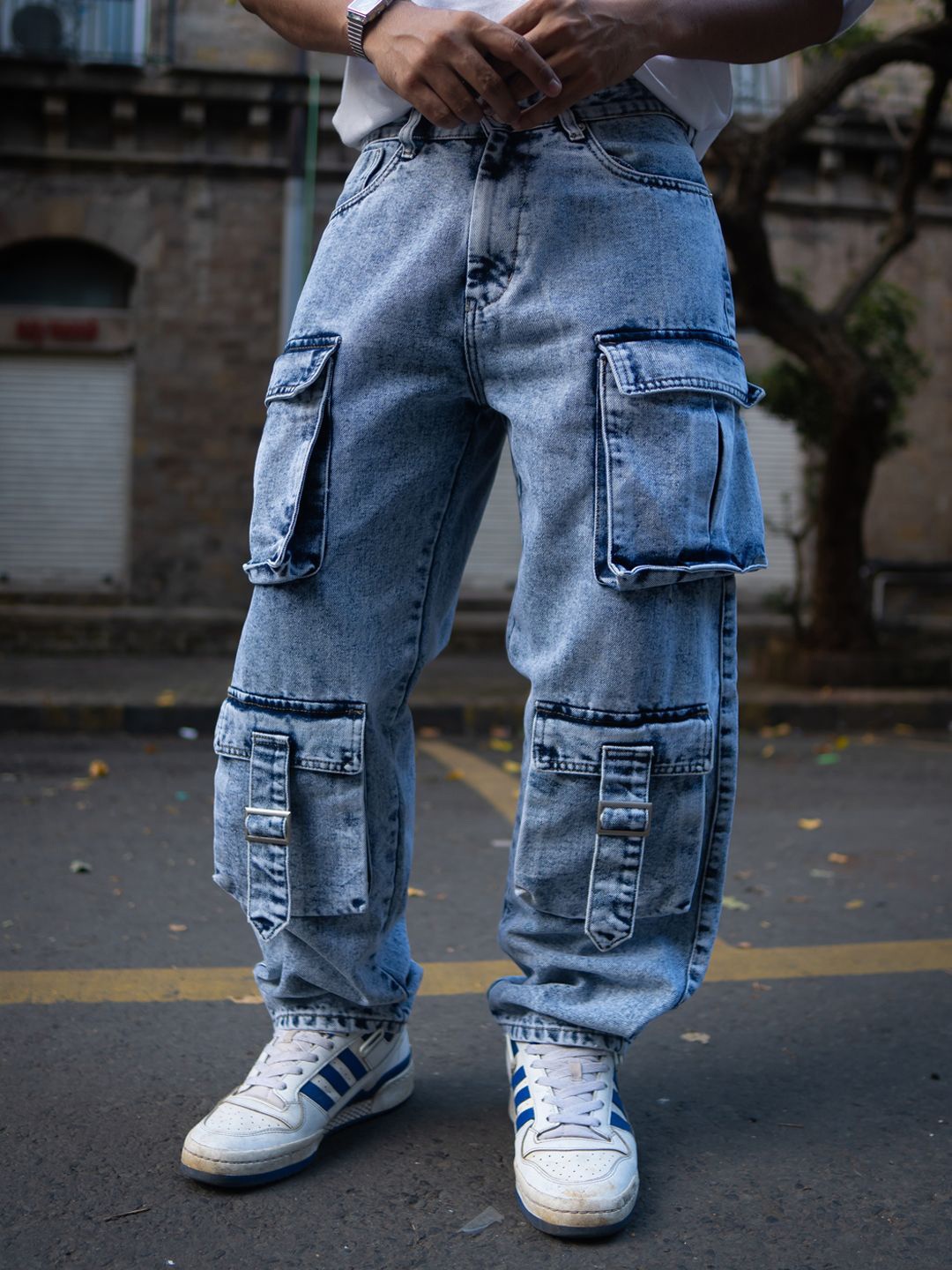 

Powerlook Men Relaxed Fit Baggy Fit Denim Cargo Jeans, Blue
