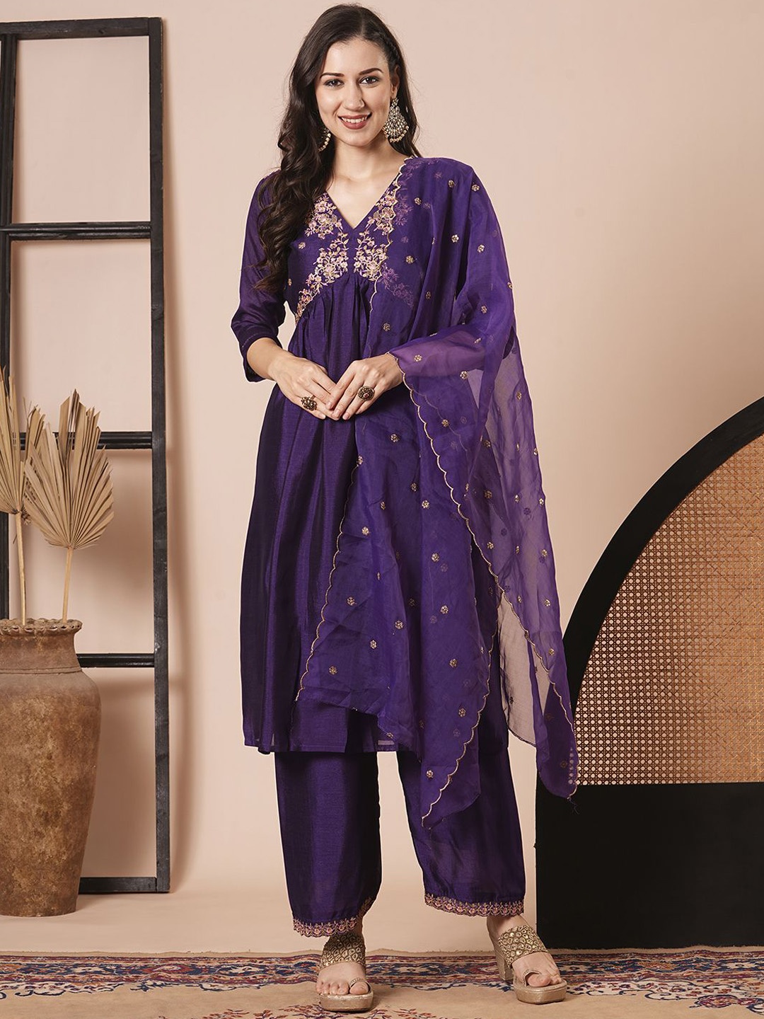 

KAYOMMI Embroidered Patchwork Chanderi Silk Straight Kurta with Palazzos & With Dupatta, Purple