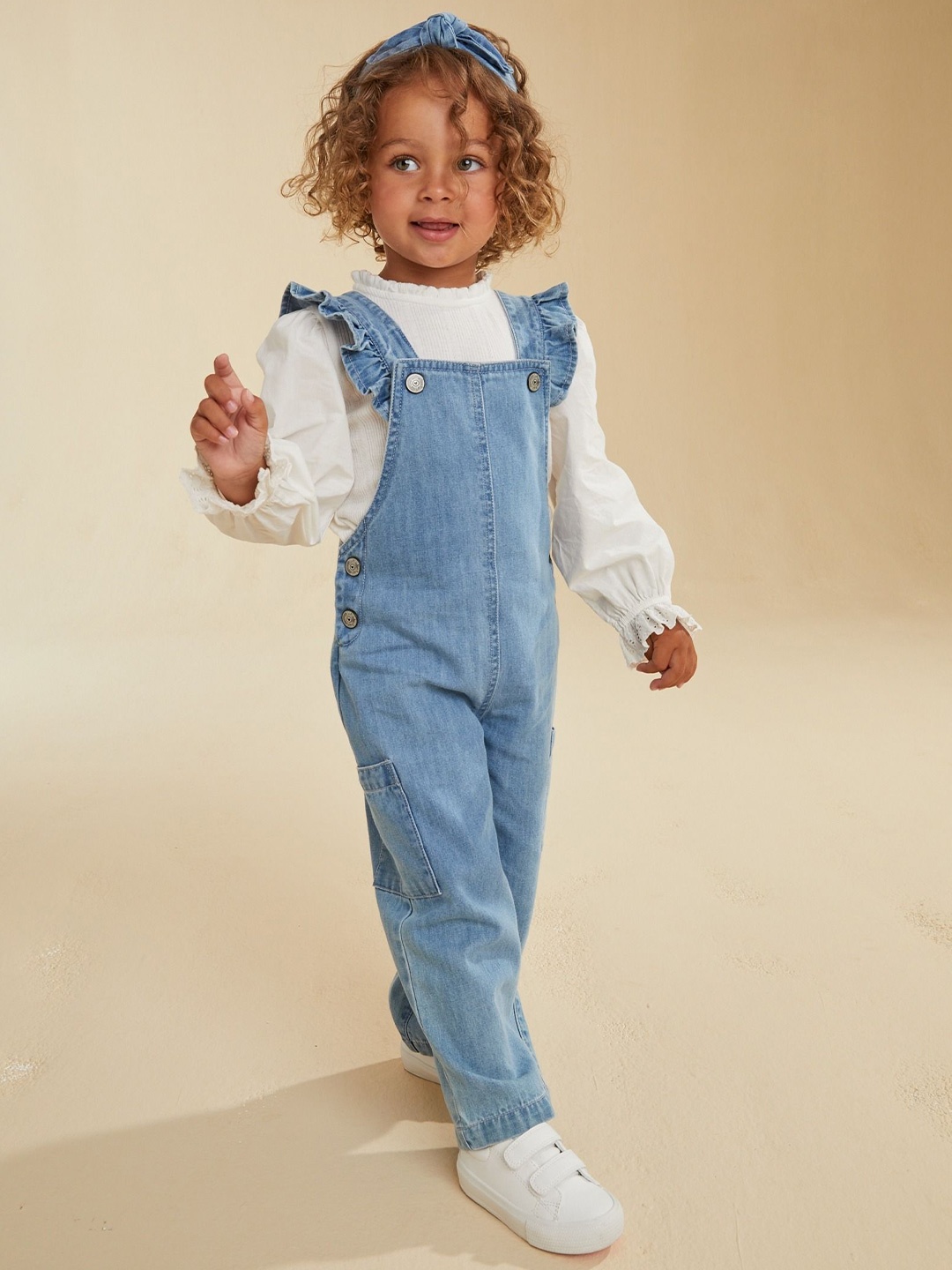 

mothercare Cotton Denim Dungarees With T-Shirt & Headband, Blue