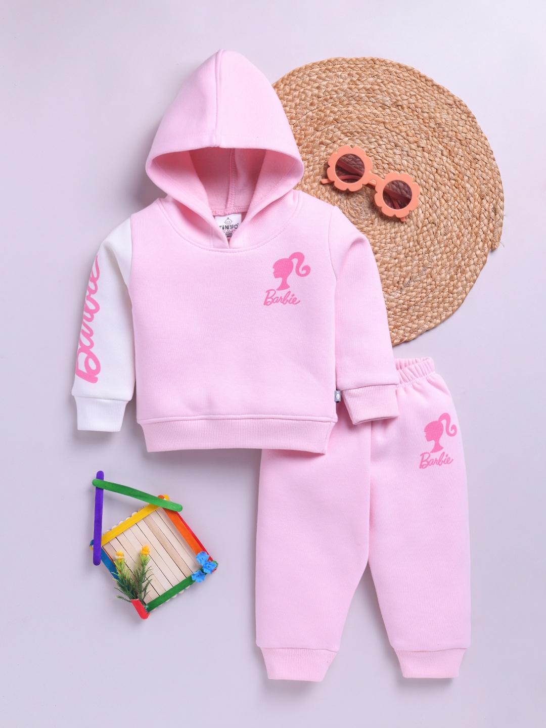 

YK X Tinyo Infant Girls Barbie Printed Hooded Fleece Sweatshirt with Joggers, Pink