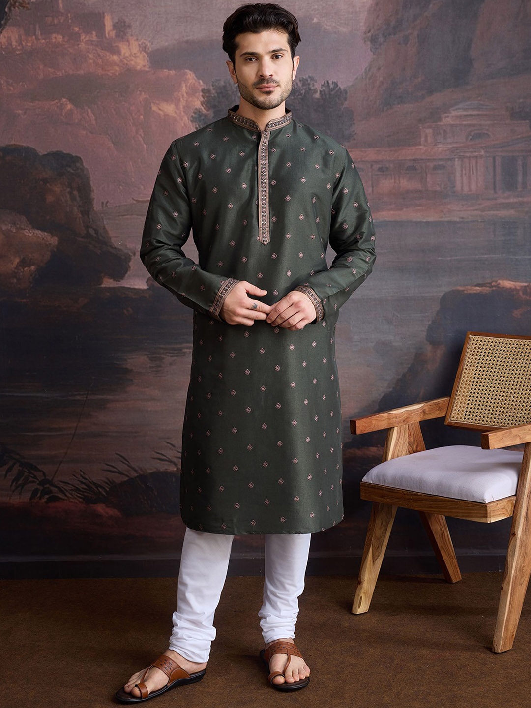 

House of Pataudi Floral Woven Design Thread Work Straight Kurta With Churidar, Green