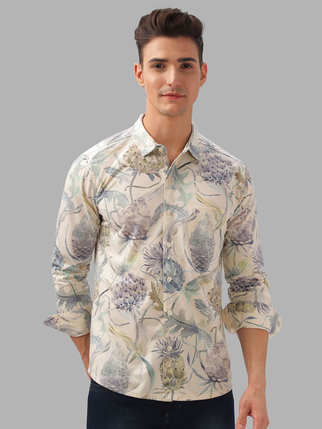 

BULLMER Men Spread Collar Floral Printed Cotton Casual Shirt, Cream