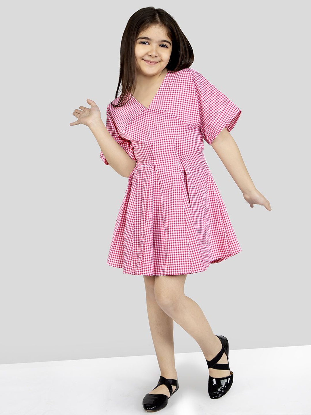 

Naughty Ninos Girls Checked Flared Sleeve Fit & Flare Dress, Pink