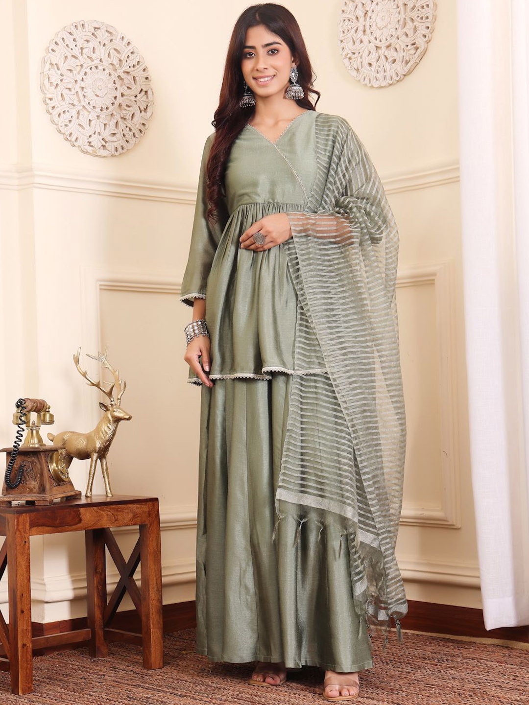 

Varanga Women Angrakha Pure Silk Kurta with Sharara & With Dupatta, Green