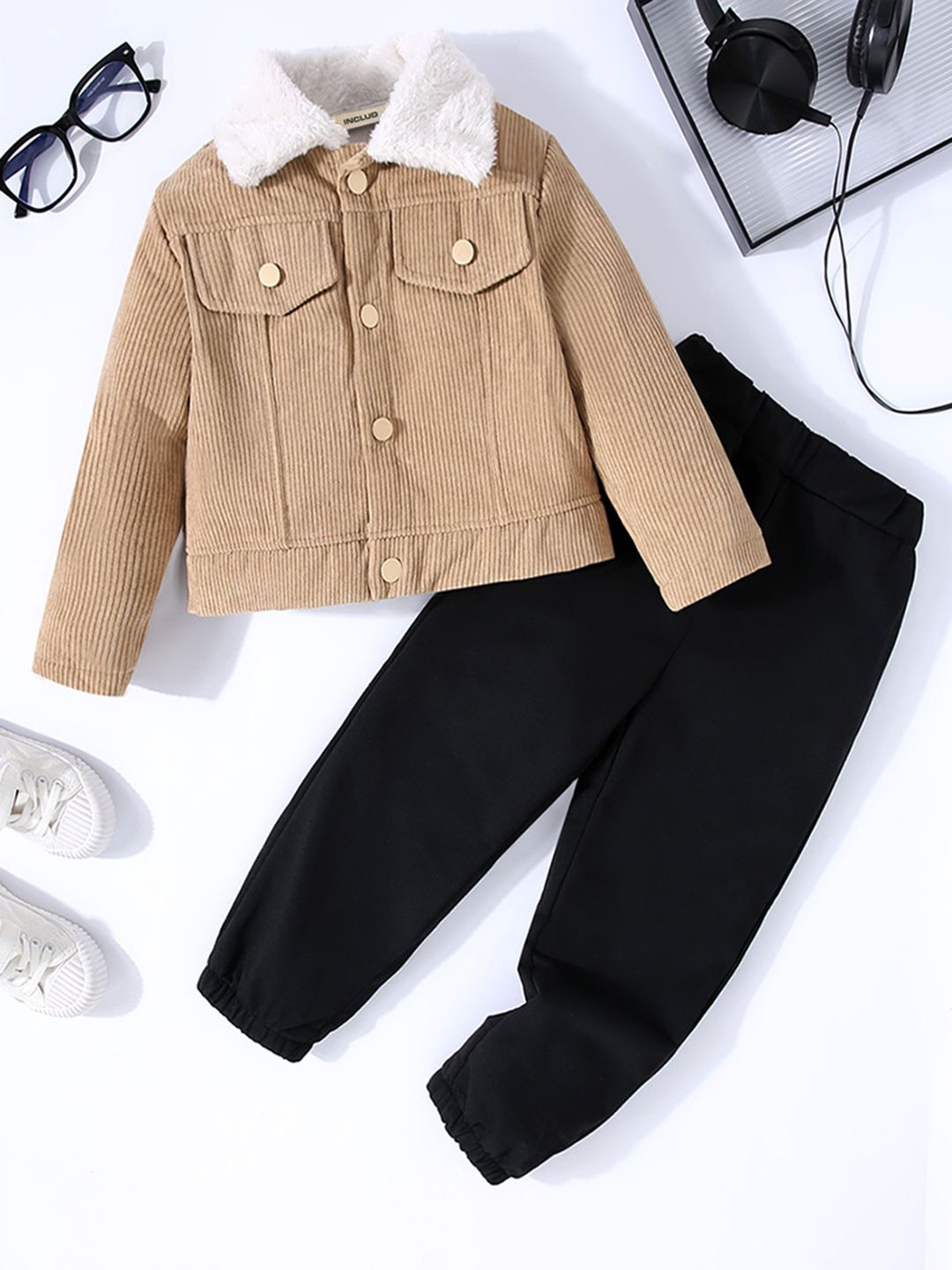 

INCLUD Boys Shirt Collar Long Sleeves Corduroy Jacket with Joggers, Khaki