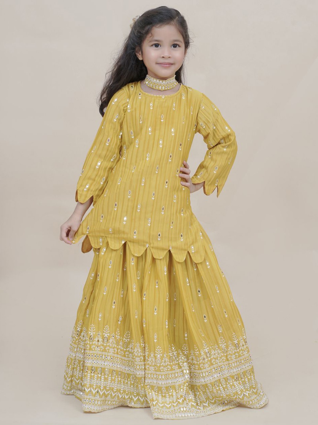 

Sangria Girls Round Neck Pure Cotton Kurti With Skirt, Mustard