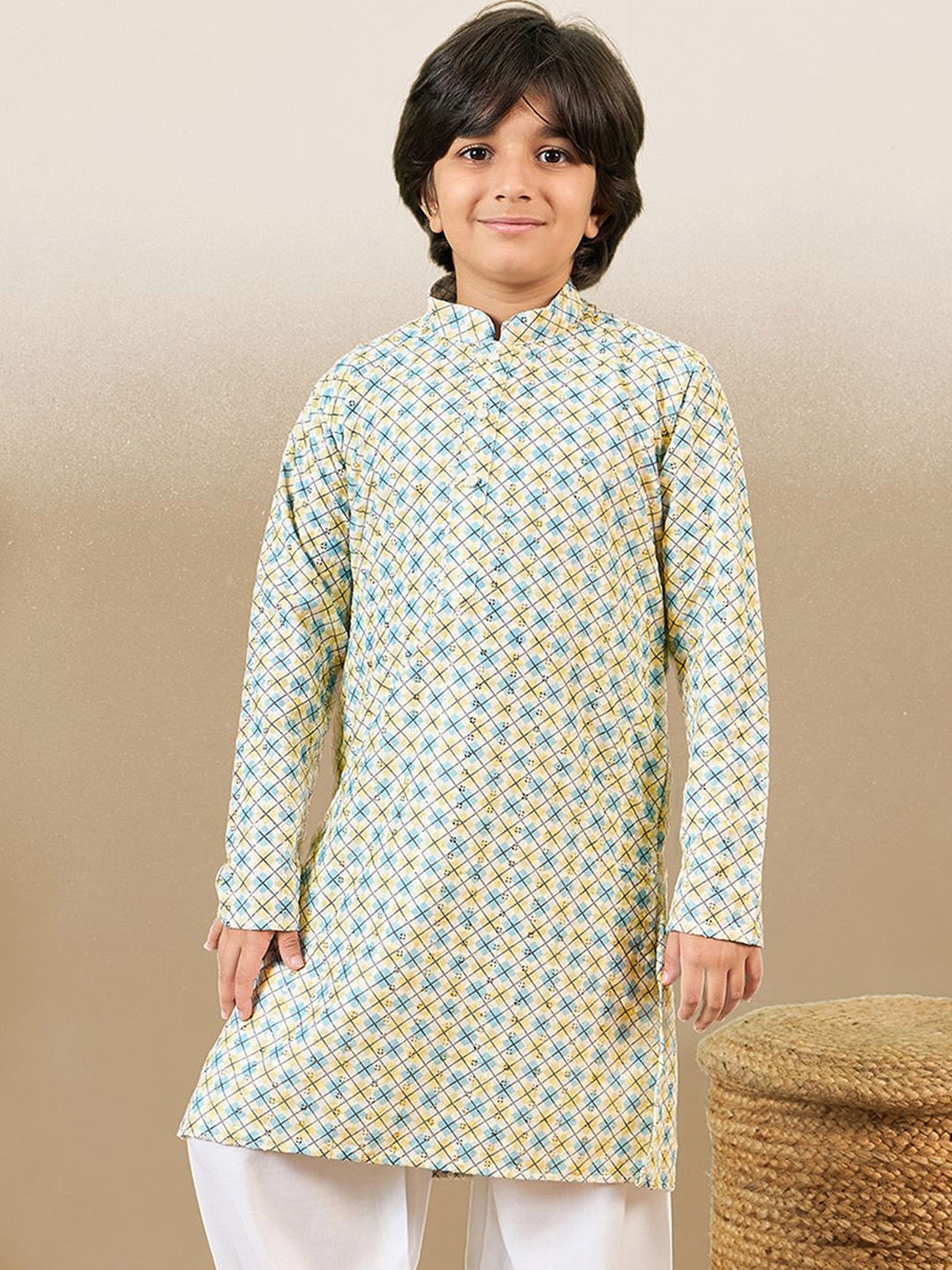 

YK Boys Cotton Geometric Printed Sequinned Mandarin Collar Long Sleeves Straight Kurta, Yellow