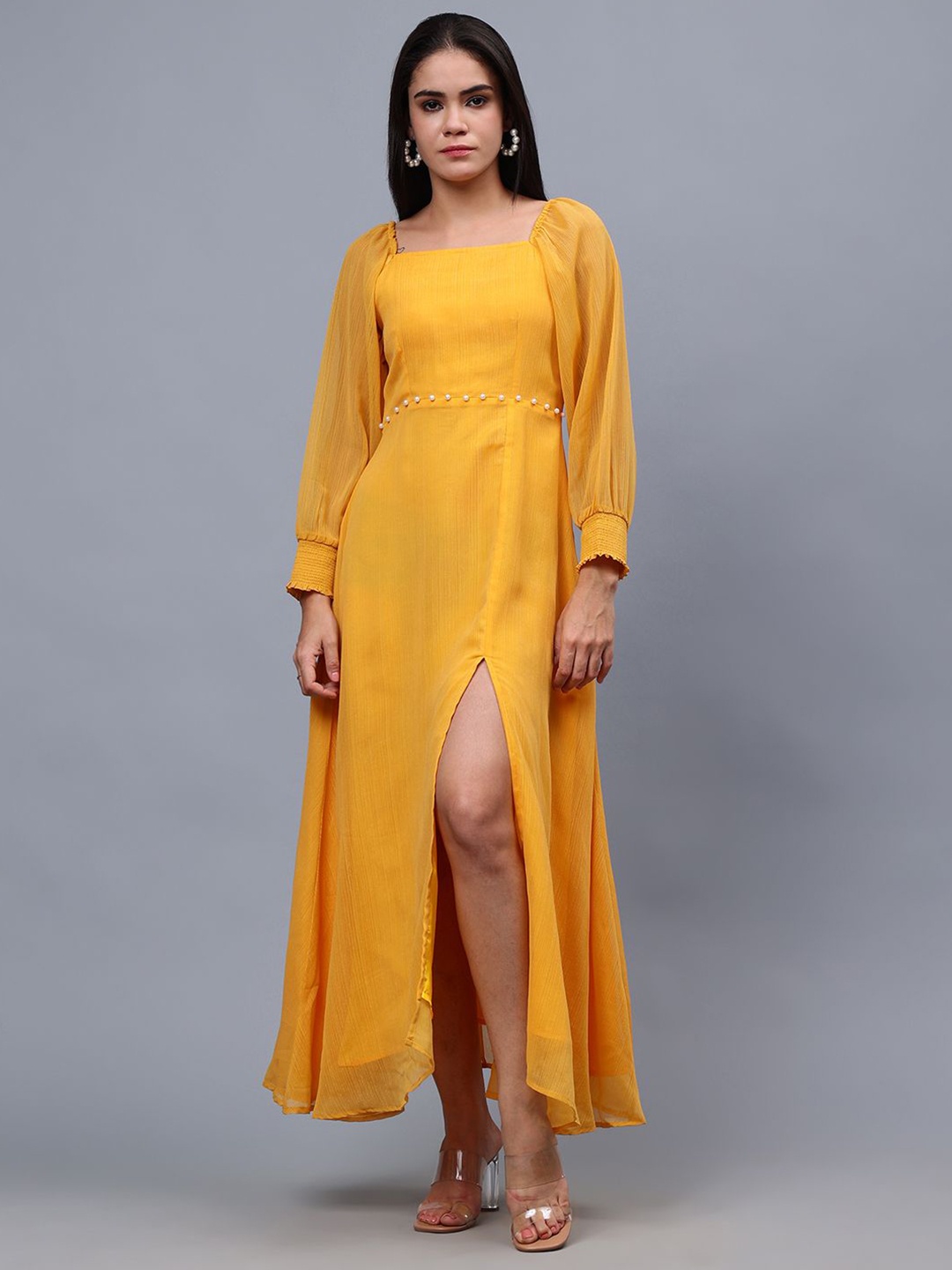

Frolic Rolic Poly Georgette Square Neck Front Slit Full Sleeves Maxi Dress, Mustard