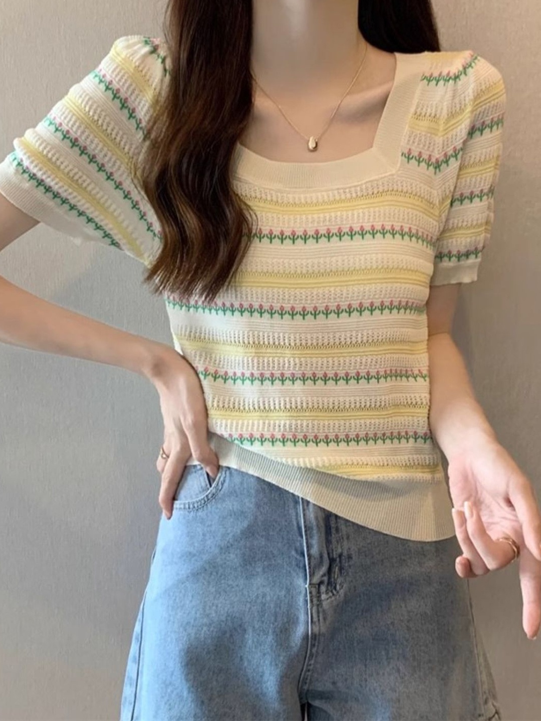 

StyleCast Women Horizontal Striped Square Neck Top, Cream