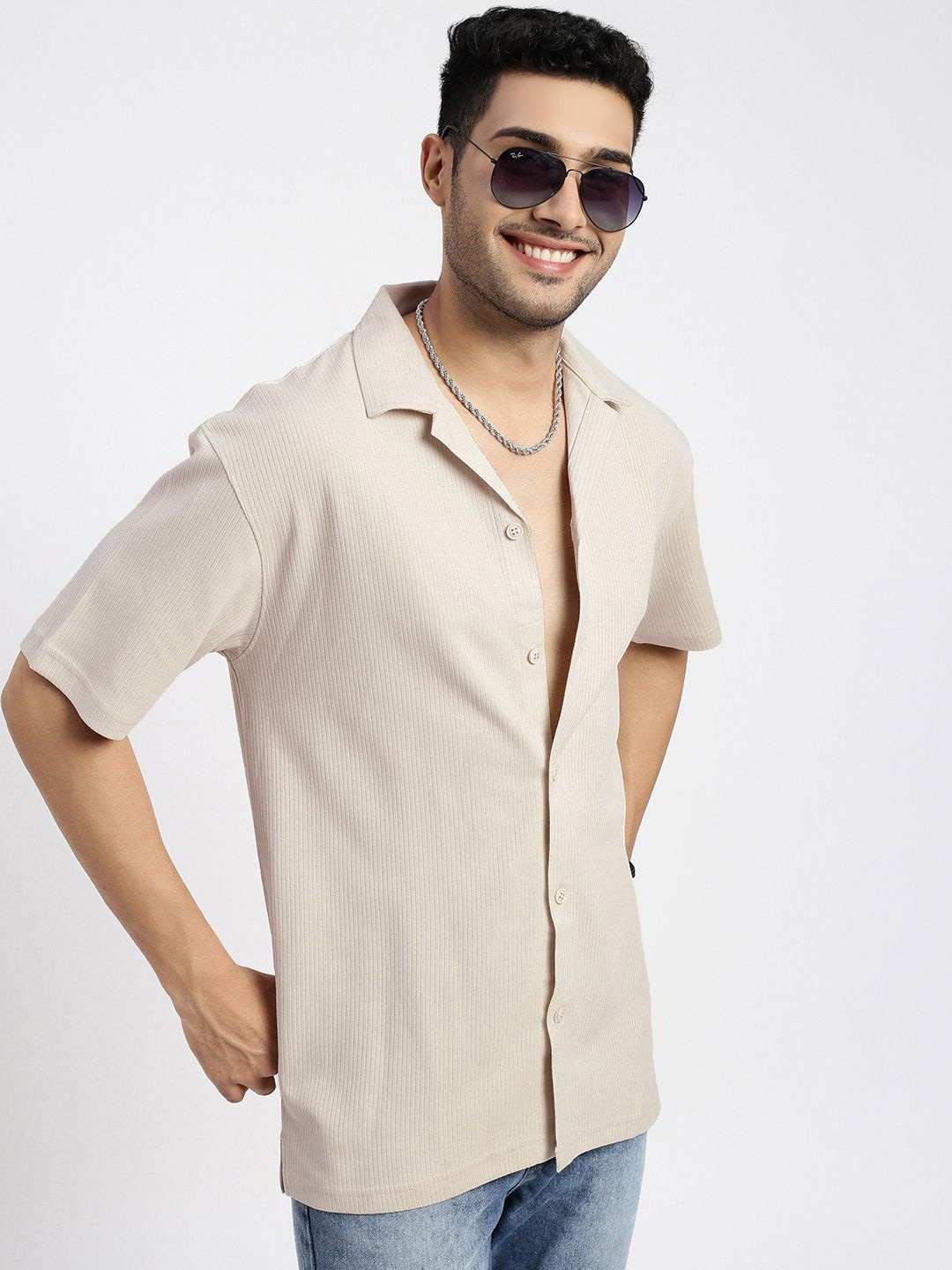 

SHOWOFF Men Comfort Cuban Collar Solid Cotton Relaxed Fit Casual Shirt, Cream