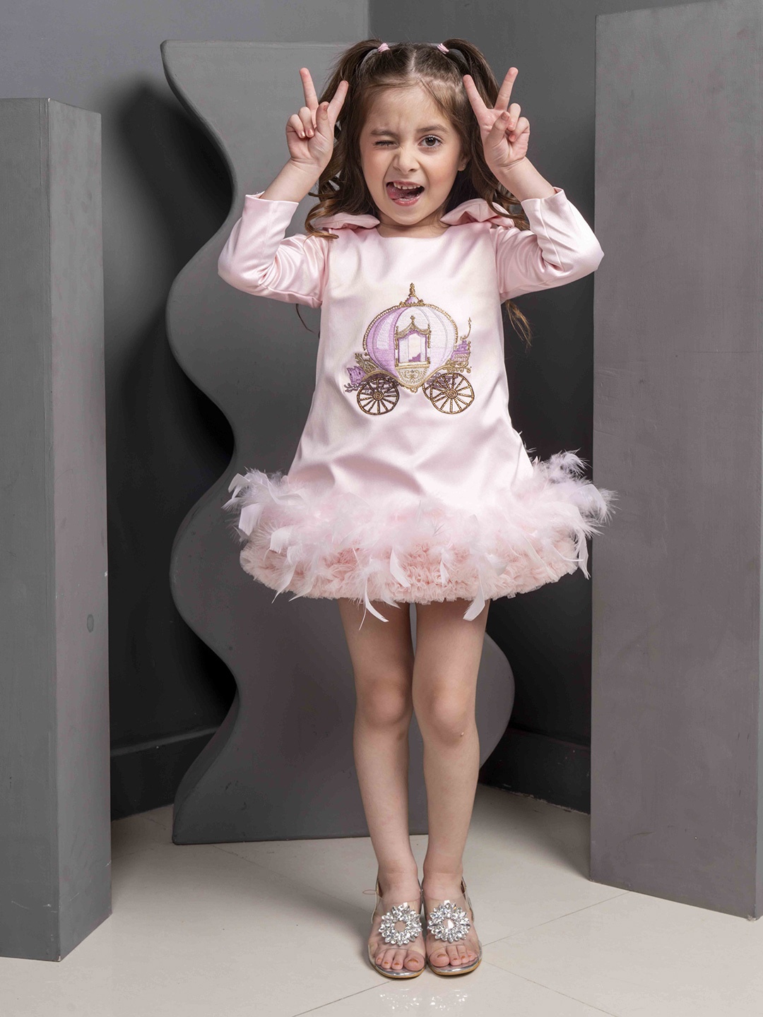 

HOITY MOPPET Girls Golden Carriage Printd Satin Mini Drop-Waist Dress, Pink