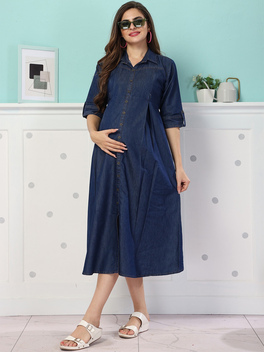 

EASY MOM Women Maternity A-Line Midi Dress, Blue