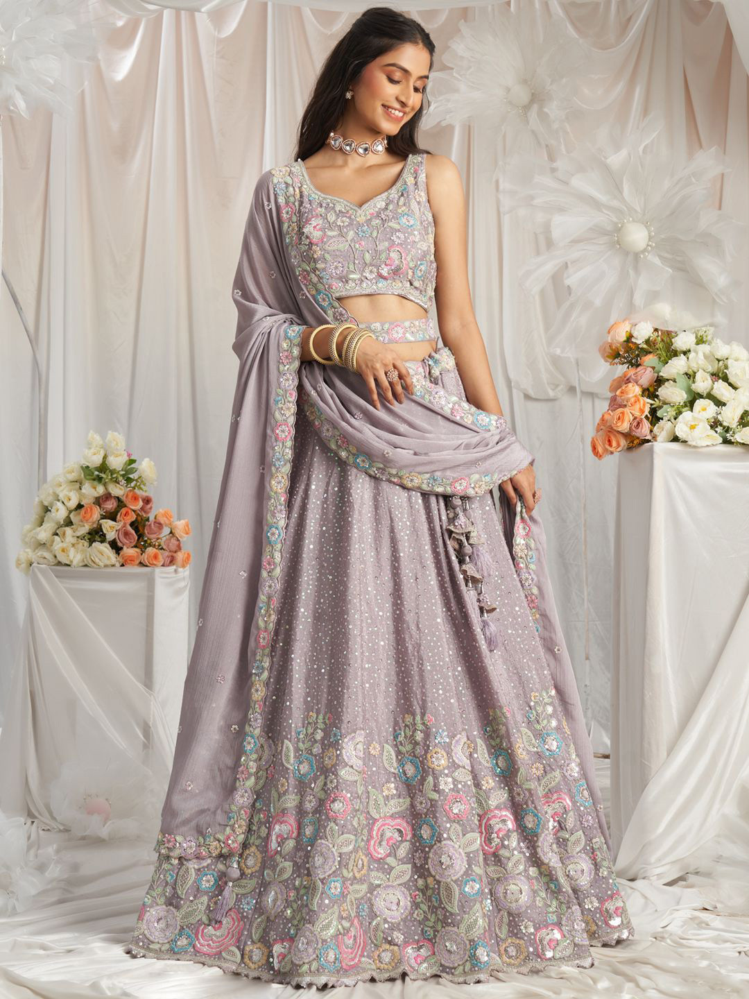 

panchhi Embroidered Sequinned Semi-Stitched Lehenga & Unstitched Blouse With Dupatta, Mauve