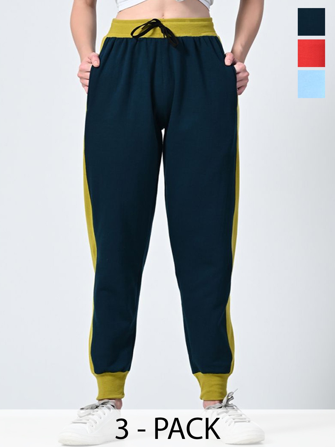 

BAESD Women Pack Of 3 Colourblocked Relaxed-Fit Joggers, Green