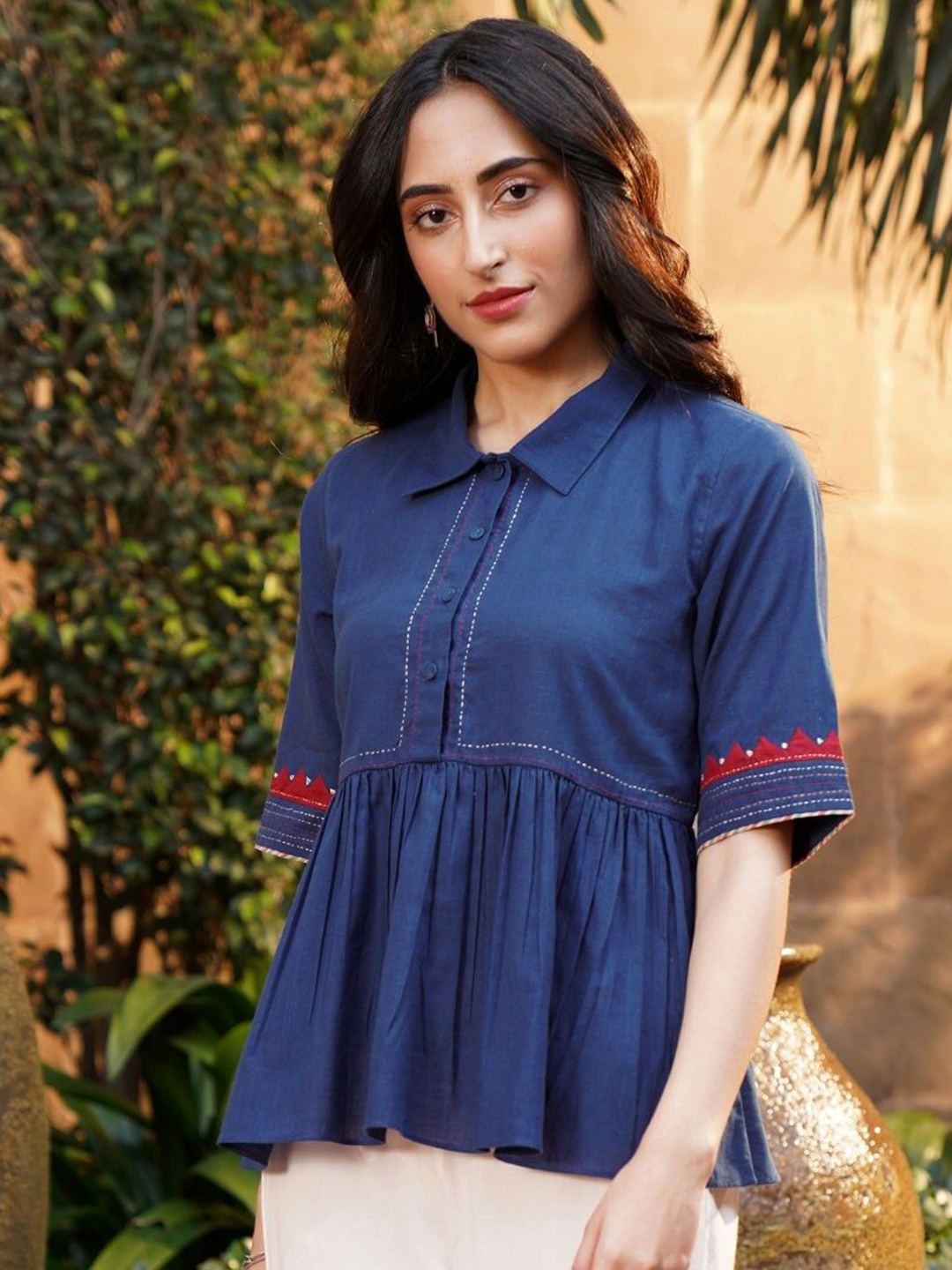 

JAYPORE Women Solid Shirt Collar Cotton Top, Navy blue