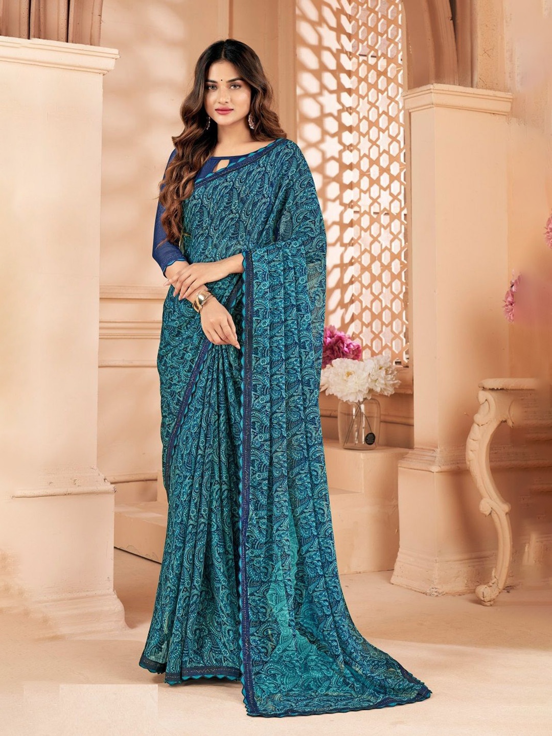 

Reboot Fashions Paisley Pure Chiffon Saree, Teal