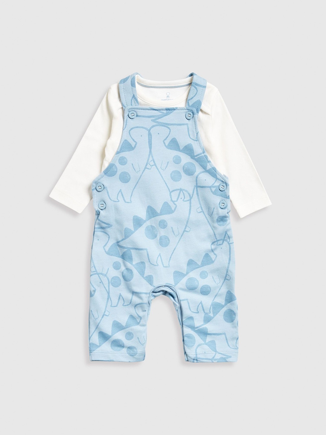 

mothercare Infants Boys Dinosaur Printed Cotton Dungarees With Bodysuit, Blue