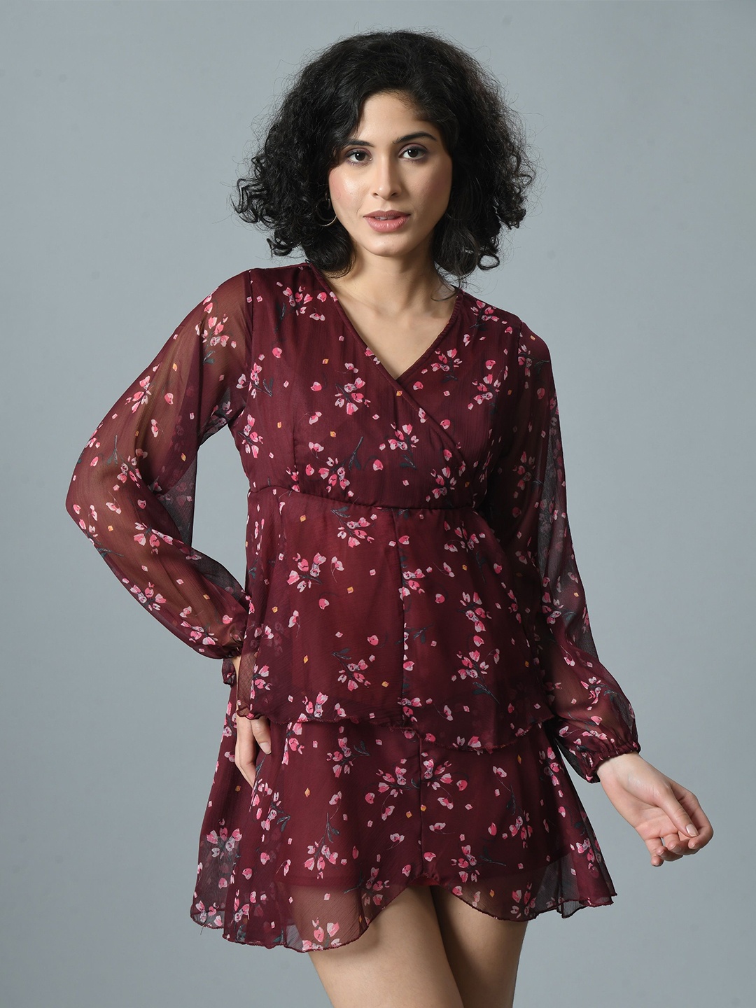 

Mast & Harbour Floral Print Bishop Sleeve Georgette Mini Dress, Maroon