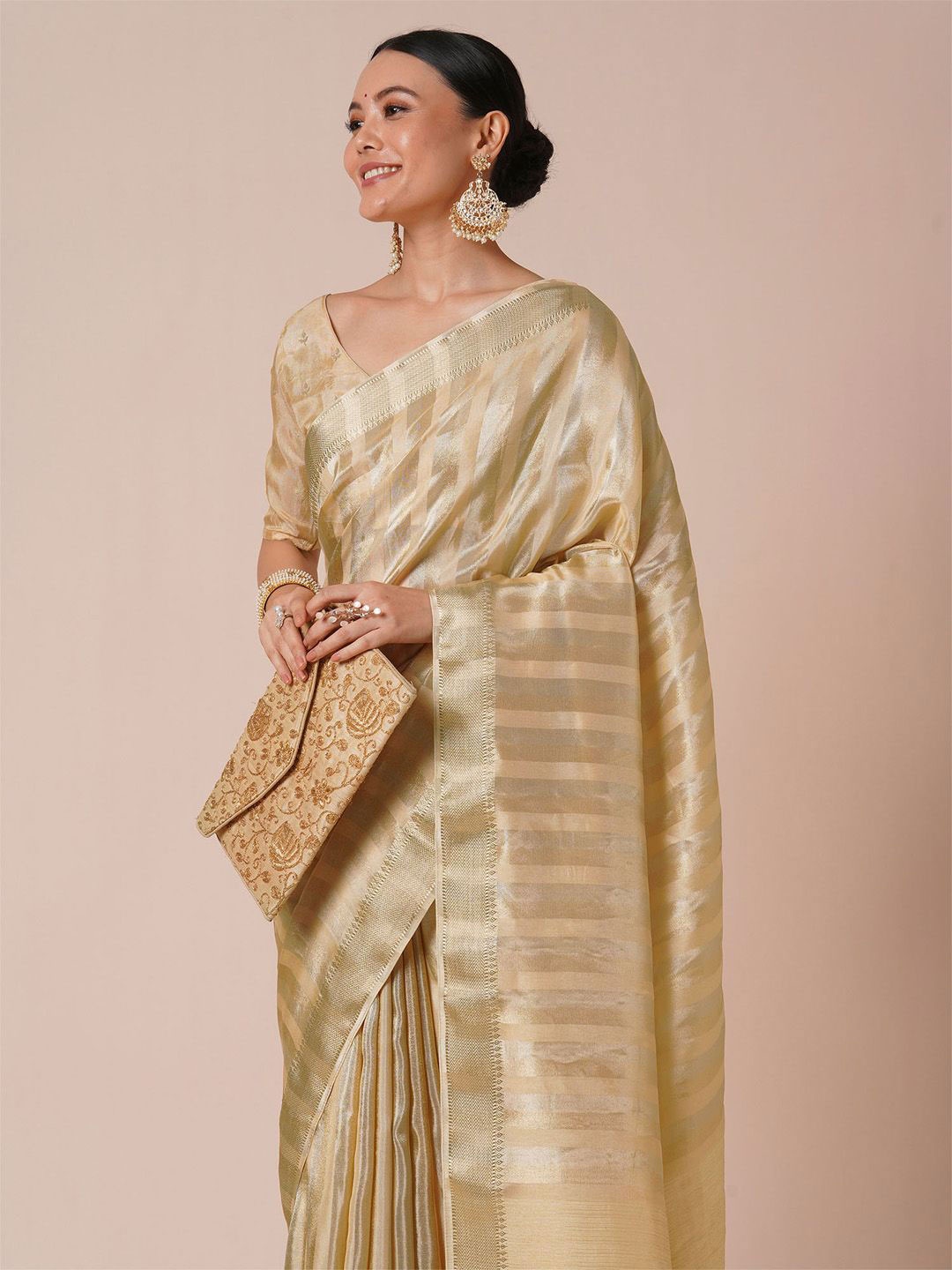 

House of Pataudi Banarasi Viscose silk Woven Design Saree, Cream