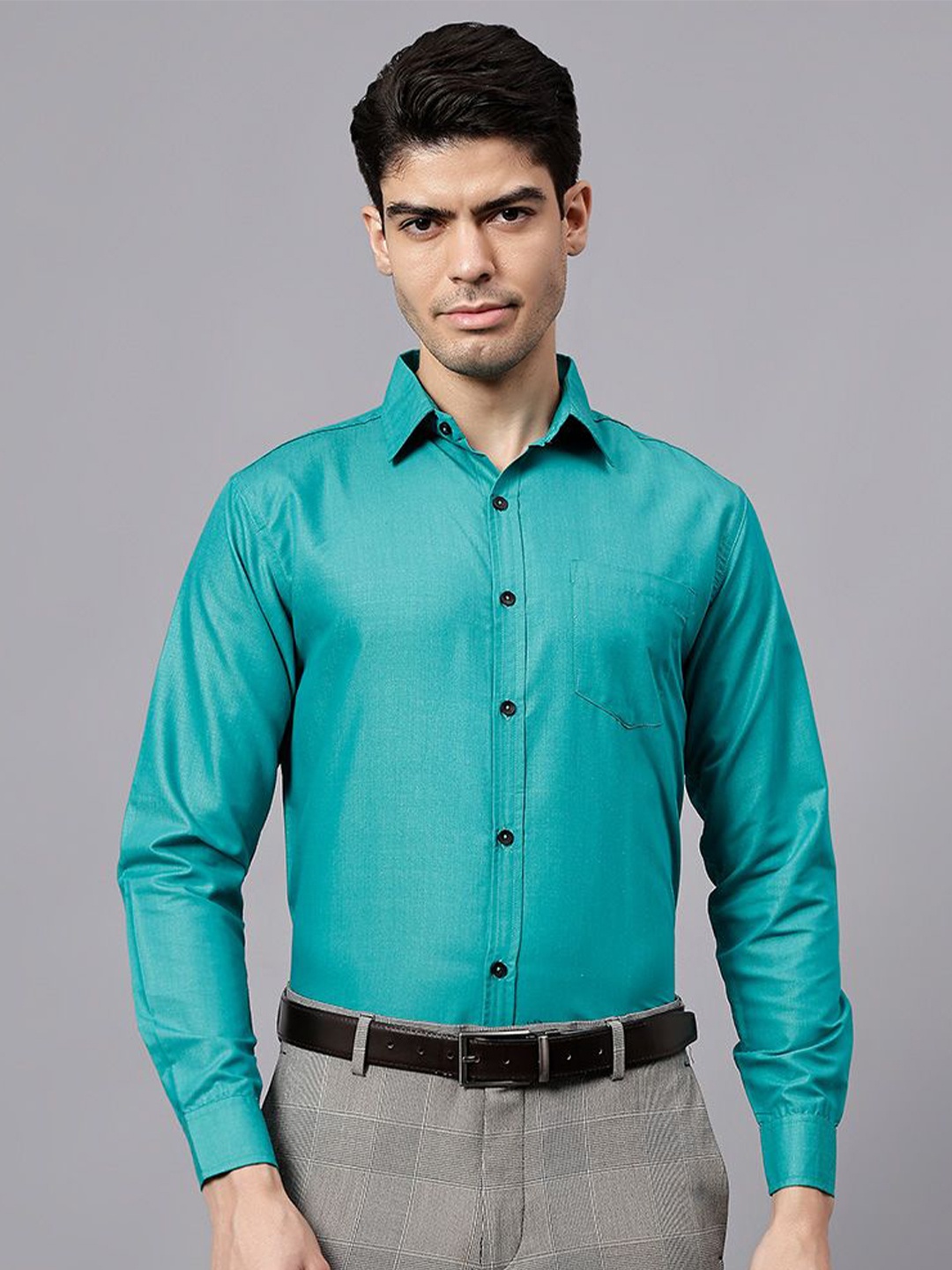 

Vida Loca Men India Slim Spread Collar Solid Cotton Slim Fit Formal Shirt, Turquoise blue