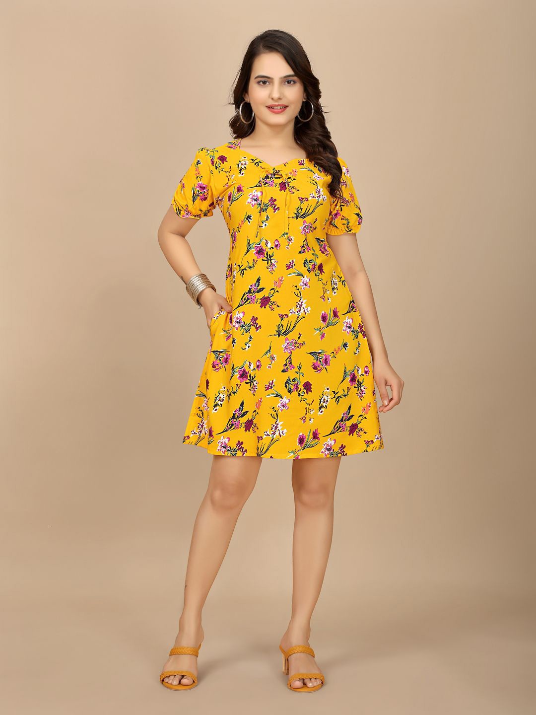 

BAESD Floral Printed Crepe A-Line Dress, Yellow