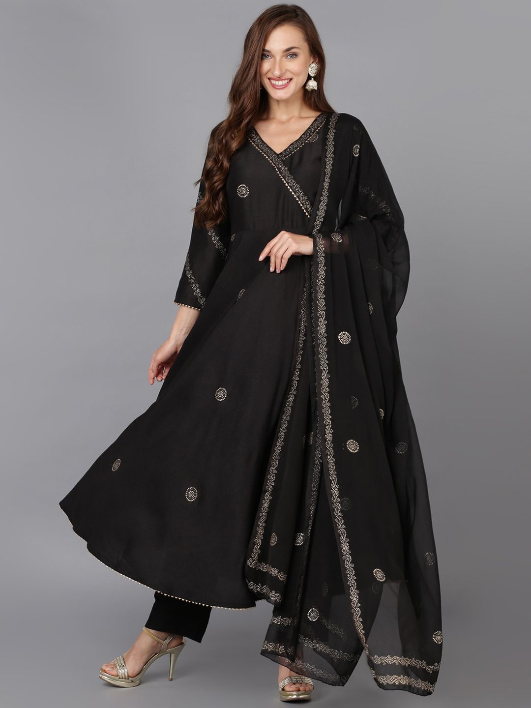 

KALINI Ethnic Motifs Woven Design Angrakha Anarkali Kurta with Trousers & Dupatta, Black