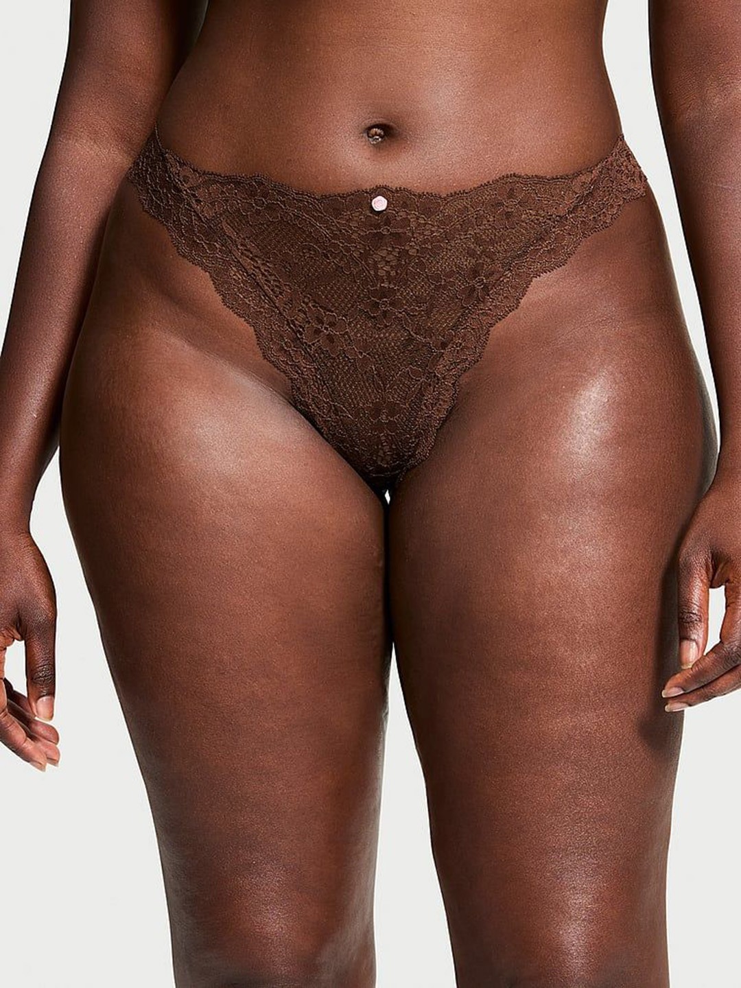 

Victoria's Secret Women Self Design Lace Thong Brief 1125066933F6, Brown