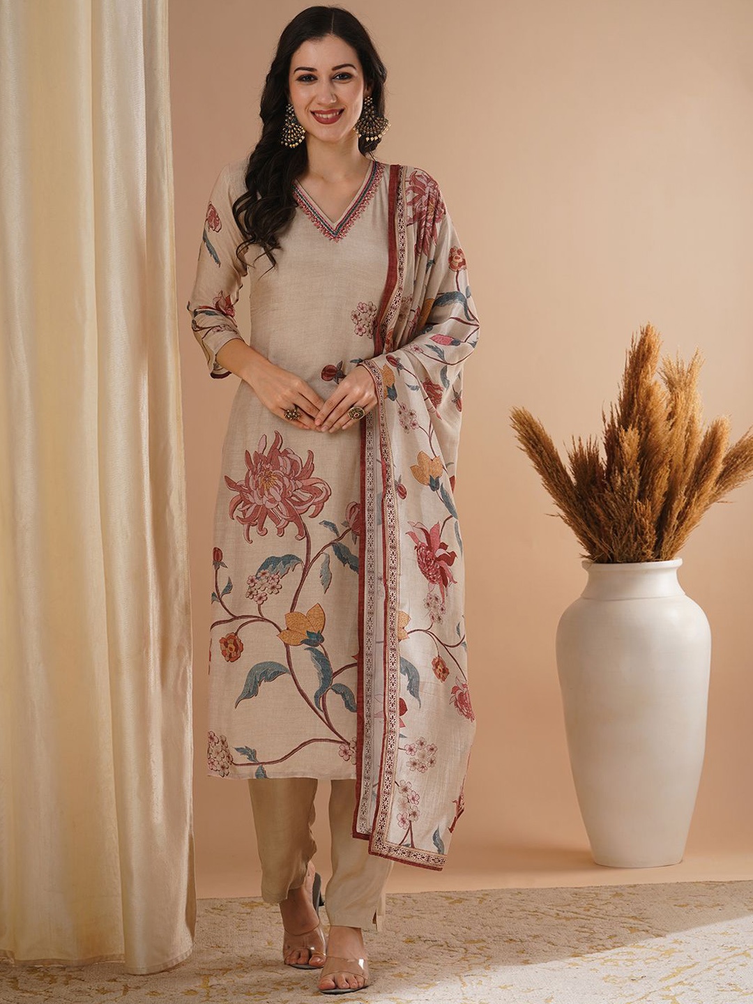 

FASHOR Ethnic Motifs Printed Beads and Stones Straight Kurta & Trouser & Dupatta, Beige