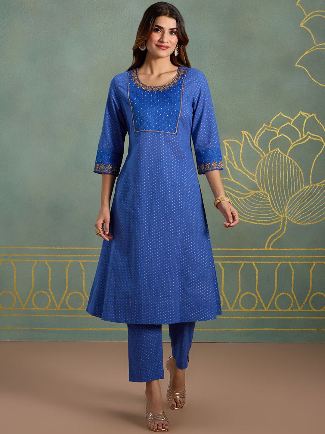 

Likha Floral Embroidered Thread Work Pure Cotton A Line Kurta with Pyjamas & Dupatta, Blue