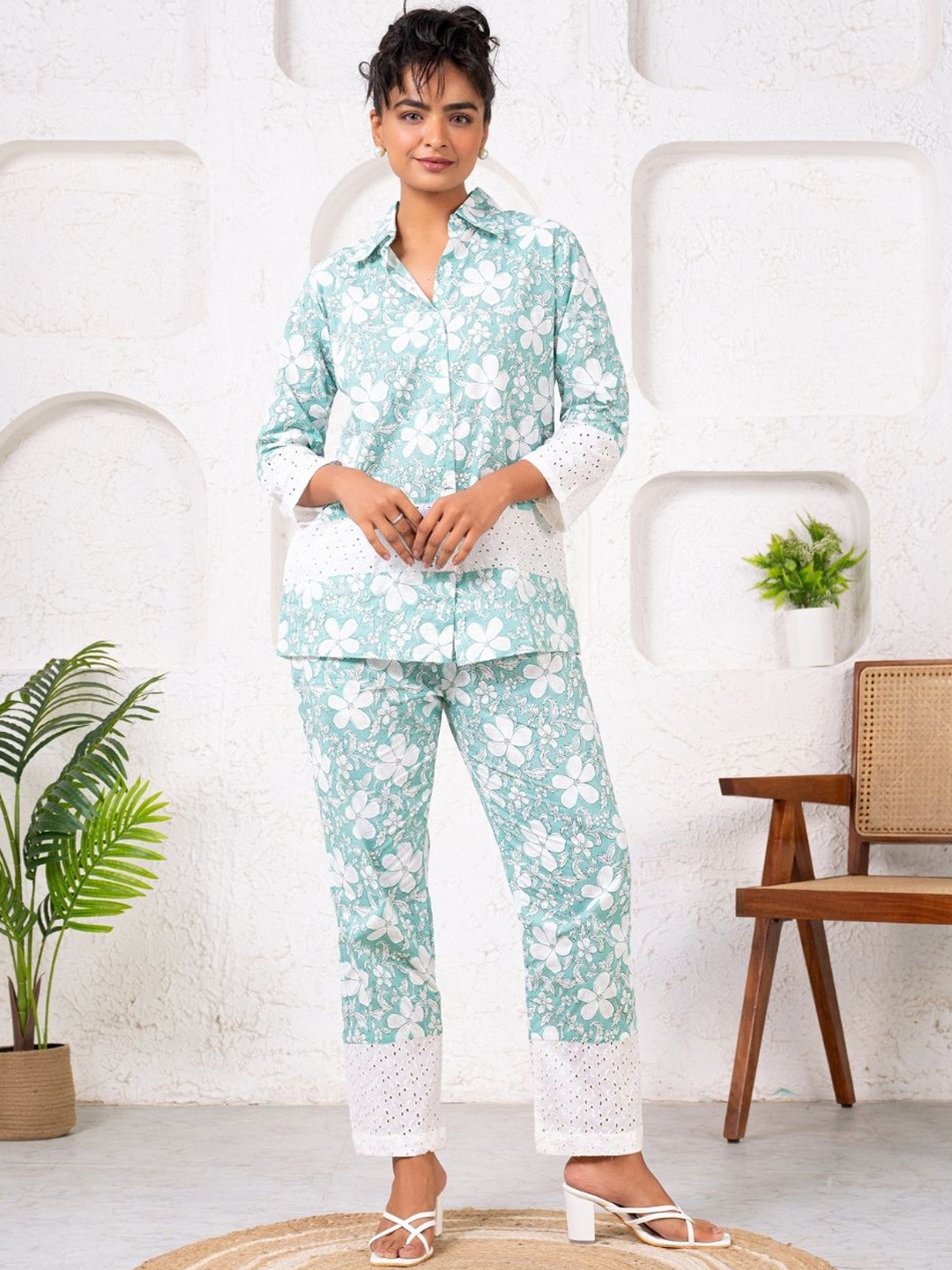 

SAADGEE Printed Pure Cotton Shirt & Trousers Co-Ord, Green