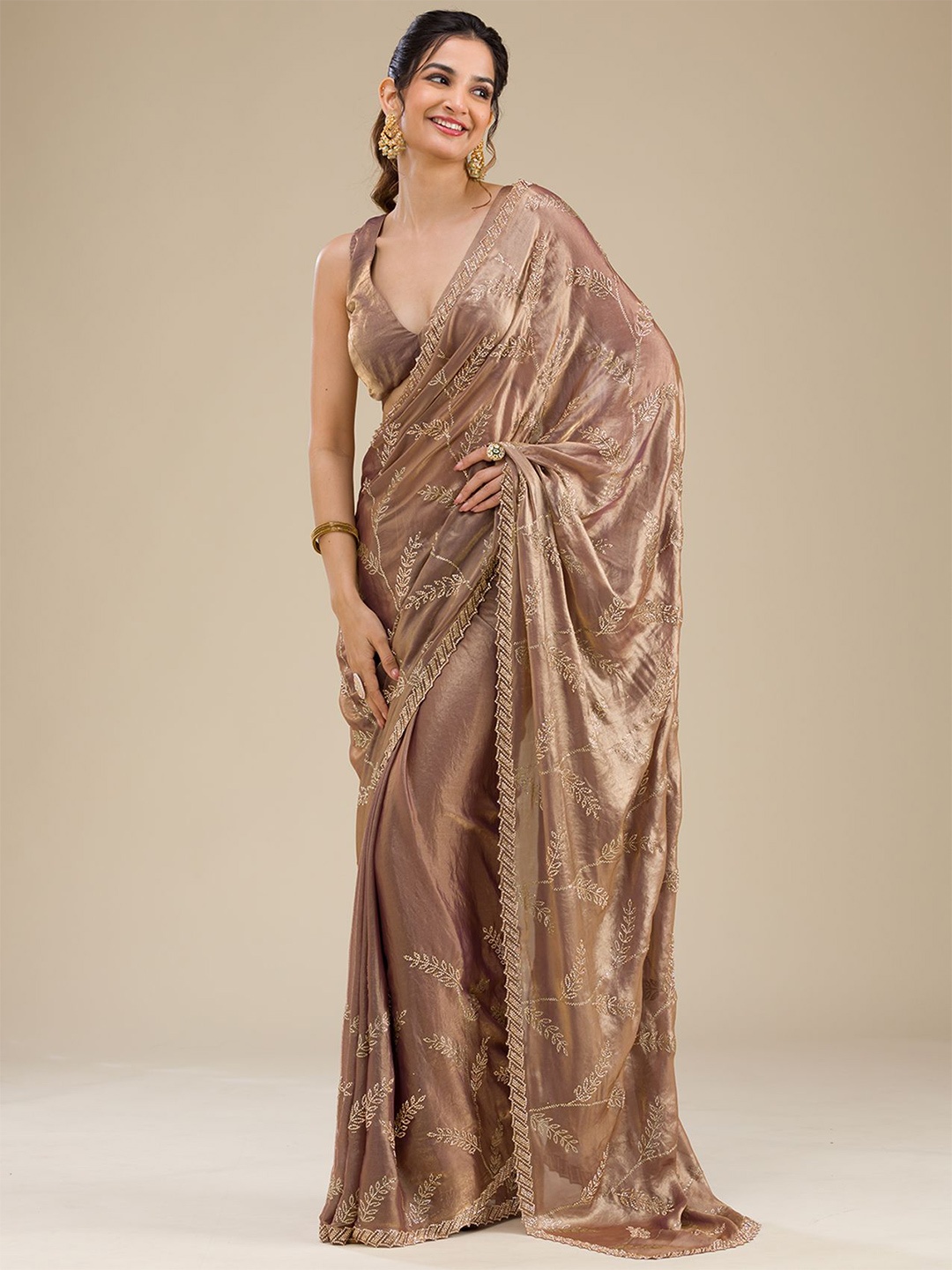 

Koskii Beads and Stones Satin Saree, Brown